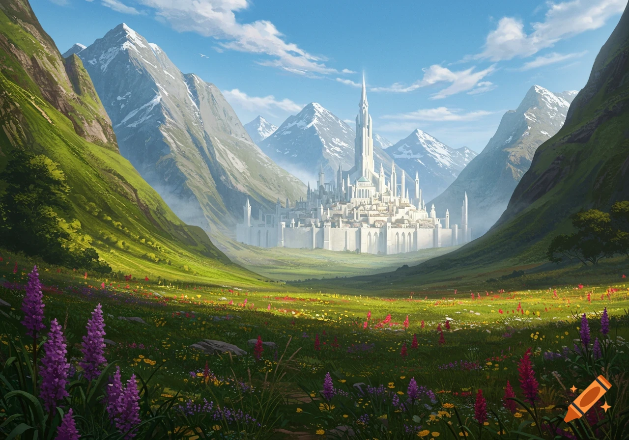 A beautiful white city with tall spires in a lush green valley with wildflowers, surrounded by snow-capped mountains.