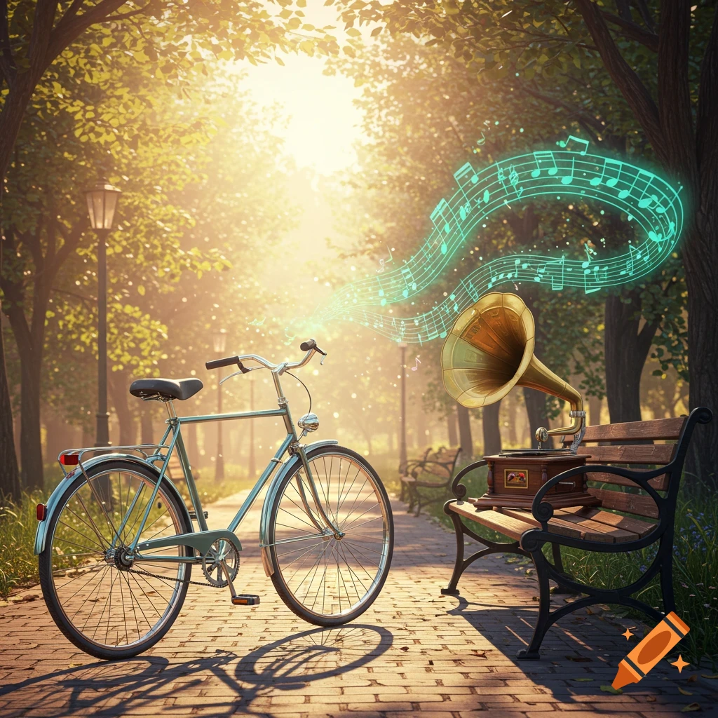 A bicycle and a gramophone playing musical notes sit on a sunny path in a park with trees and benches.