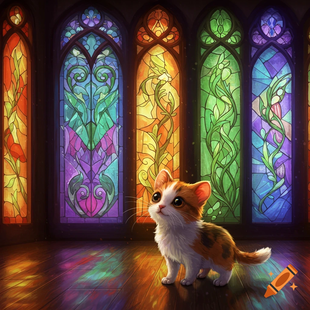A small calico kitten stands in a room with vibrant stained glass windows, casting colorful reflections on the wooden floor.