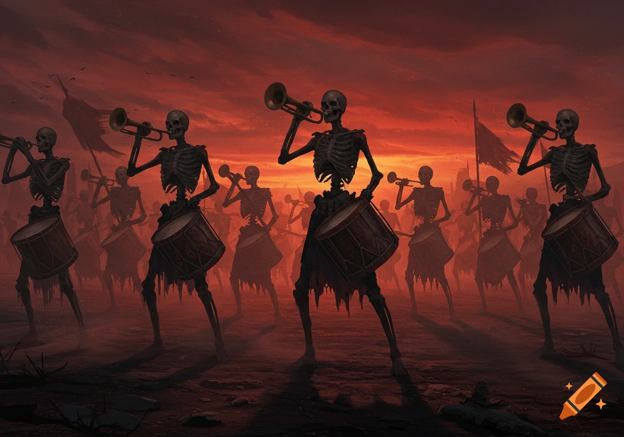 A legion of skeletons playing trumpets and drums under a somber red sky, with tattered flags, in a dark fantasy style.