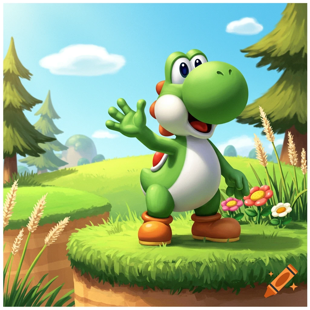 A green Yoshi smiles and waves in a bright, grassy landscape with trees and flowers.