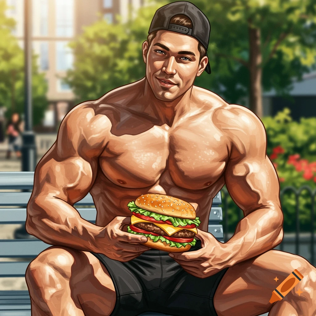 Illustrated muscular man in a cap sitting on a bench outdoors, holding a large hamburger.