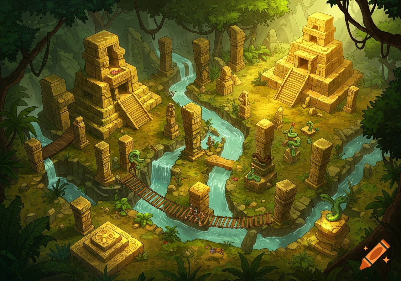 A detailed, isometric cartoon illustration of an ancient golden temple complex in a lush jungle with rivers, waterfalls, bridges, monkeys, and snakes.