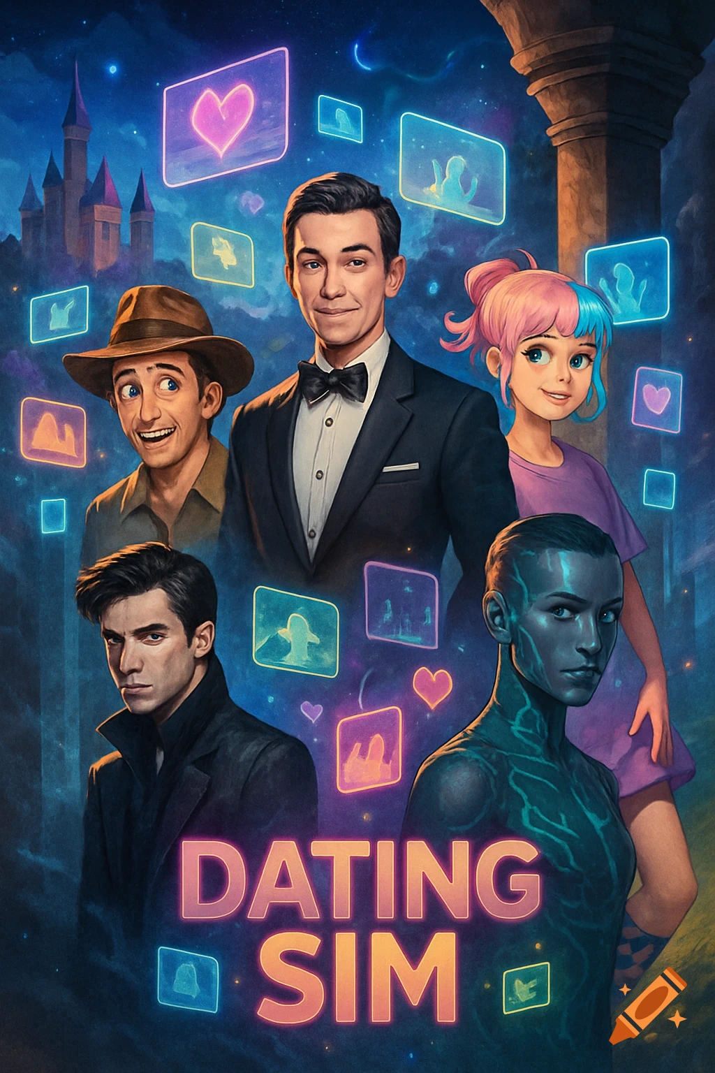 A vibrant poster for a dating sim game with five diverse characters, a castle, and glowing UI icons on a starry night background.