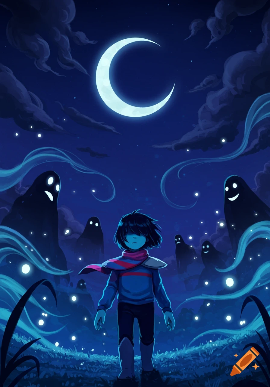 Kris from Deltarune stands under a crescent moon, surrounded by glowing ghost figures in a dark, stylized landscape.