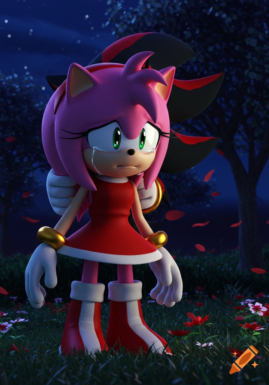 Amy Rose, a pink hedgehog in a red dress, cries under a dark night sky with red petals falling and Shadow the Hedgehog subtly in the background.