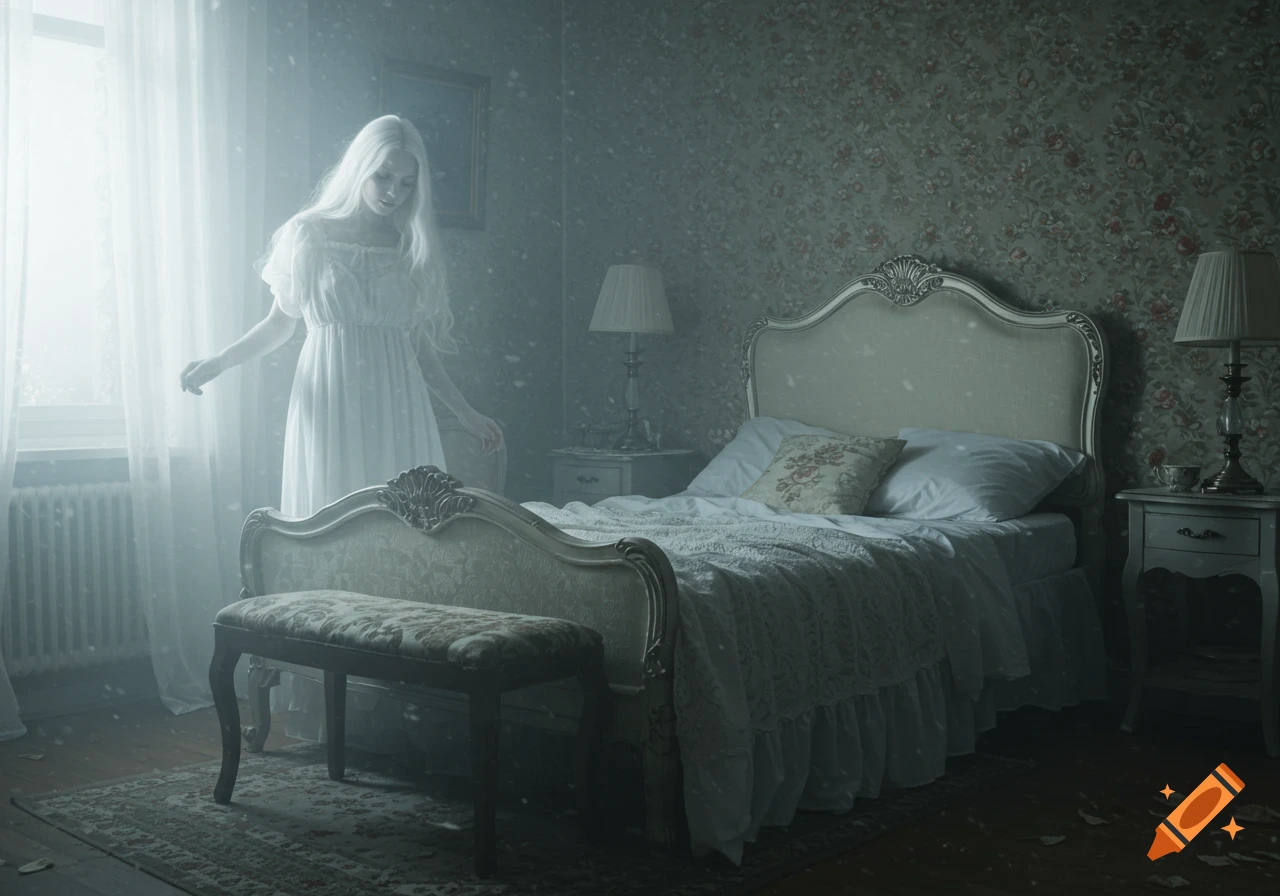 A pale, spectral woman in a white dress stands by a vintage bed in a dusty, dimly lit room.