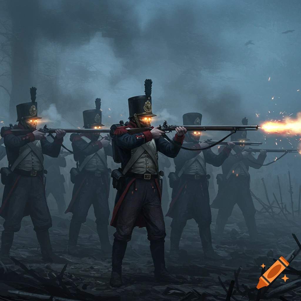 Napoleonic-era soldiers with glowing eyes fire muskets in a dark, foggy battle scene.