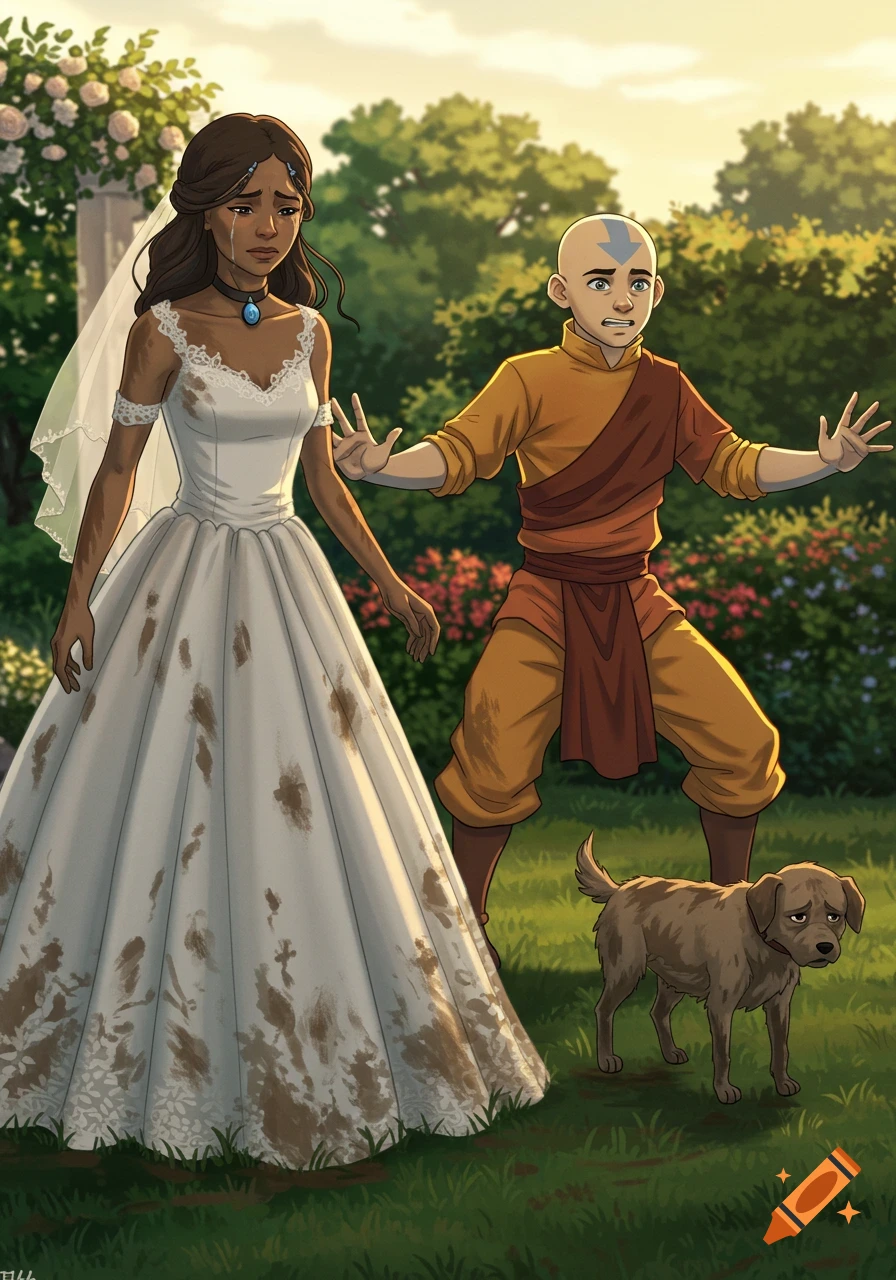 Crying Katara in a muddy wedding dress and an angry Aang threatening a guilty dog with air bending in a garden.