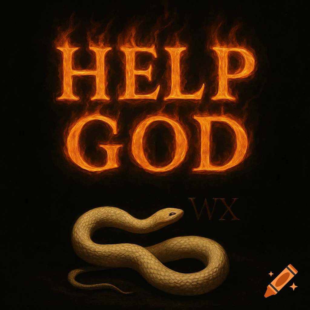Flaming 'HELP GOD' text above a coiled white snake and faint 'WX' on a black background.