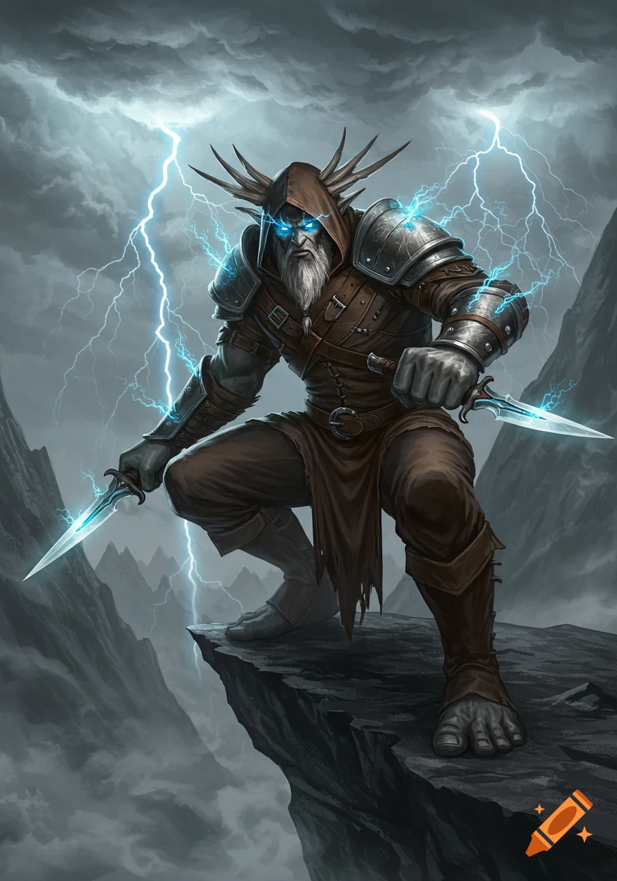 A bearded Goliath rogue with glowing eyes and antlers, clad in leather armor, holds daggers on a cliff as lightning strikes a stormy sky.