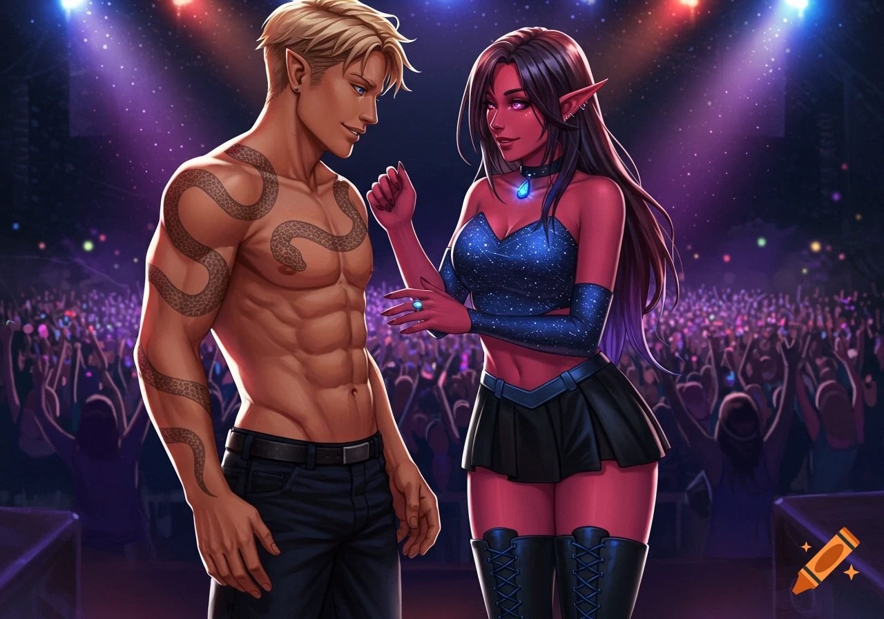 A blonde man with snake tattoos and a red-skinned elf woman in a sparkling top and mini skirt gaze at each other on a concert stage before a crowd.
