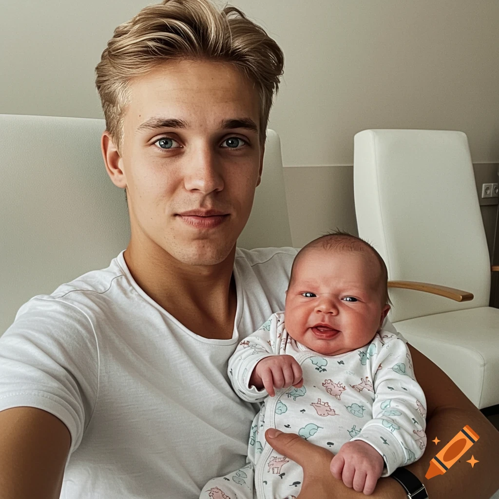 A young man with blonde hair and blue eyes holds a smiling baby in a hospital room.