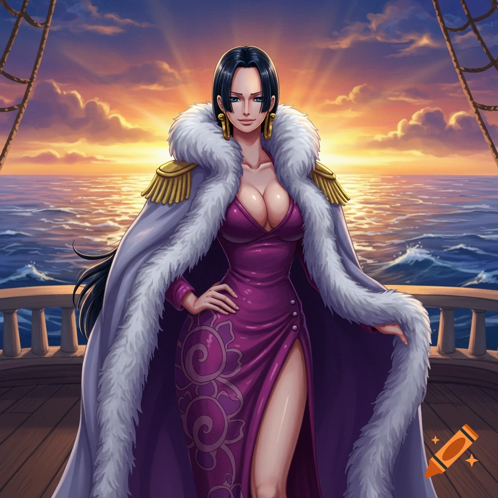 Boa Hancock in a purple dress and fur coat standing on a ship deck at sunset, anime style illustration.