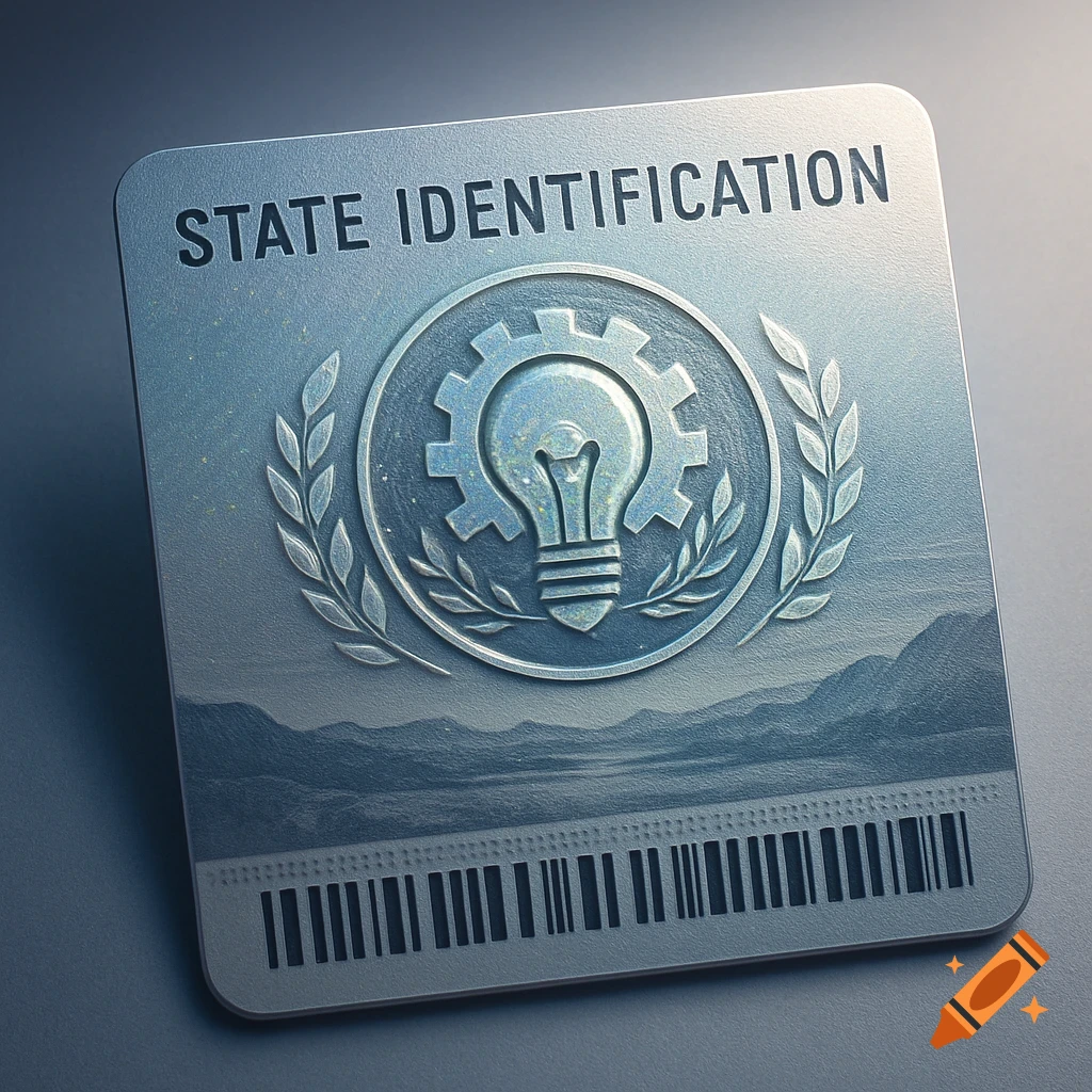 A metallic-looking state identification card with an embossed lightbulb in a gear logo and barcode.