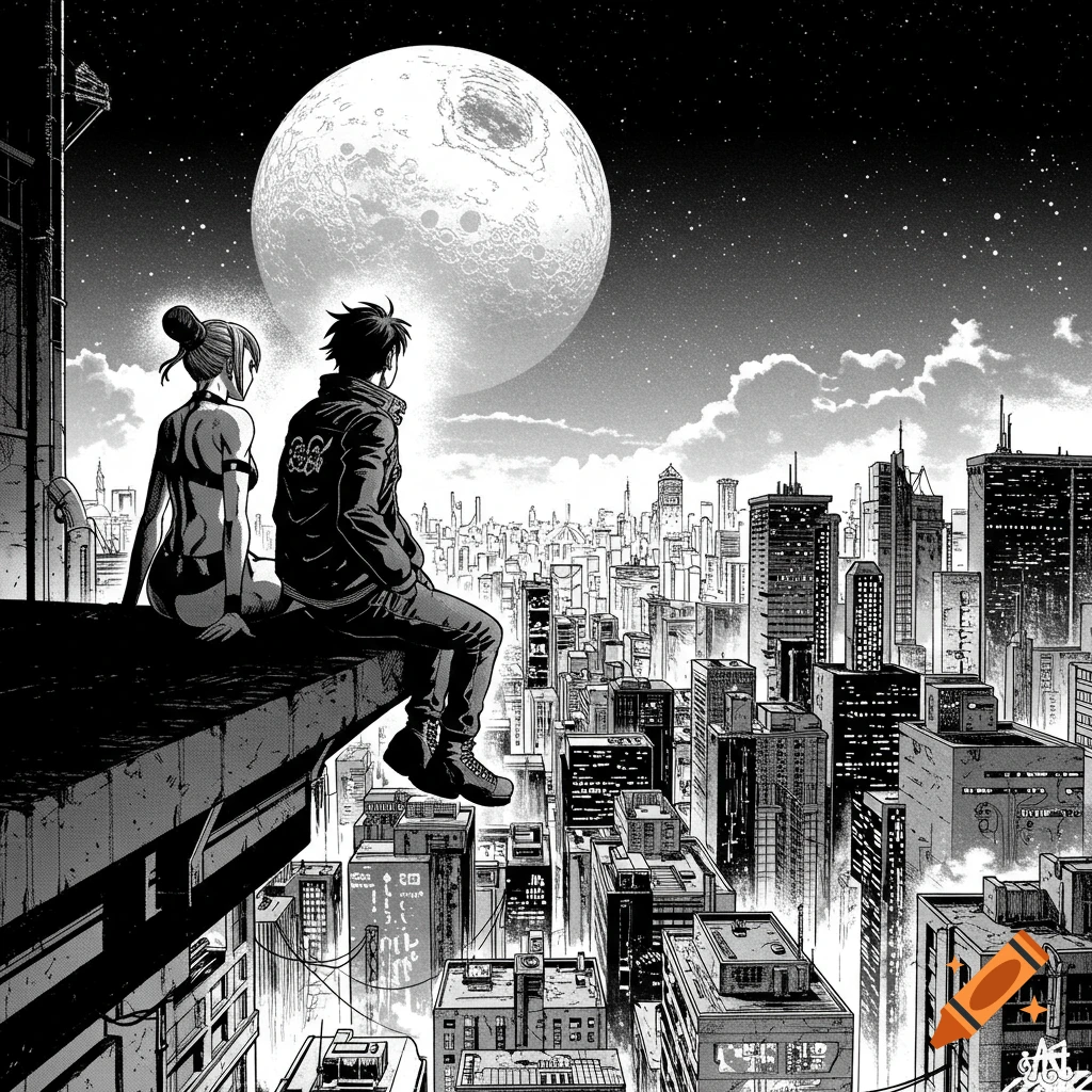 Black and white manga illustration of a man and a woman sitting on a skyscraper ledge, gazing at a sprawling cyberpunk city under a giant moon.