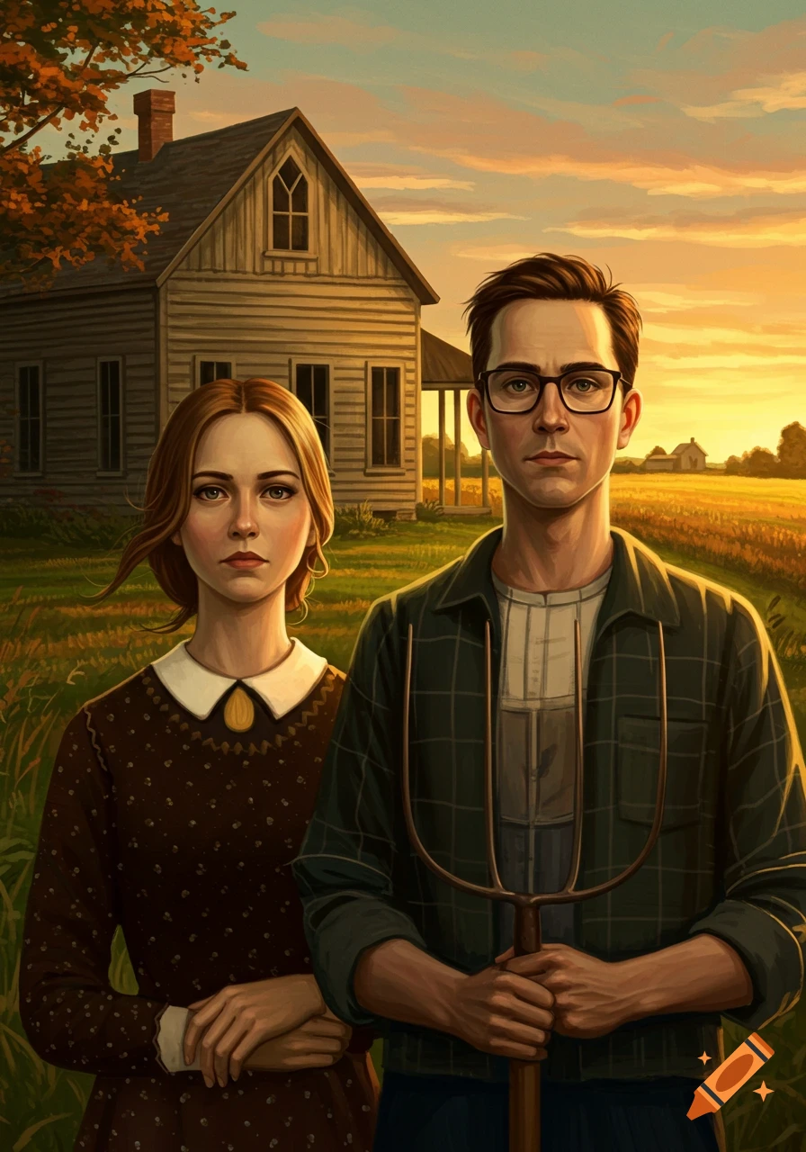 Illustration of a solemn man with a pitchfork and a woman in front of a farmhouse against a sunset sky.