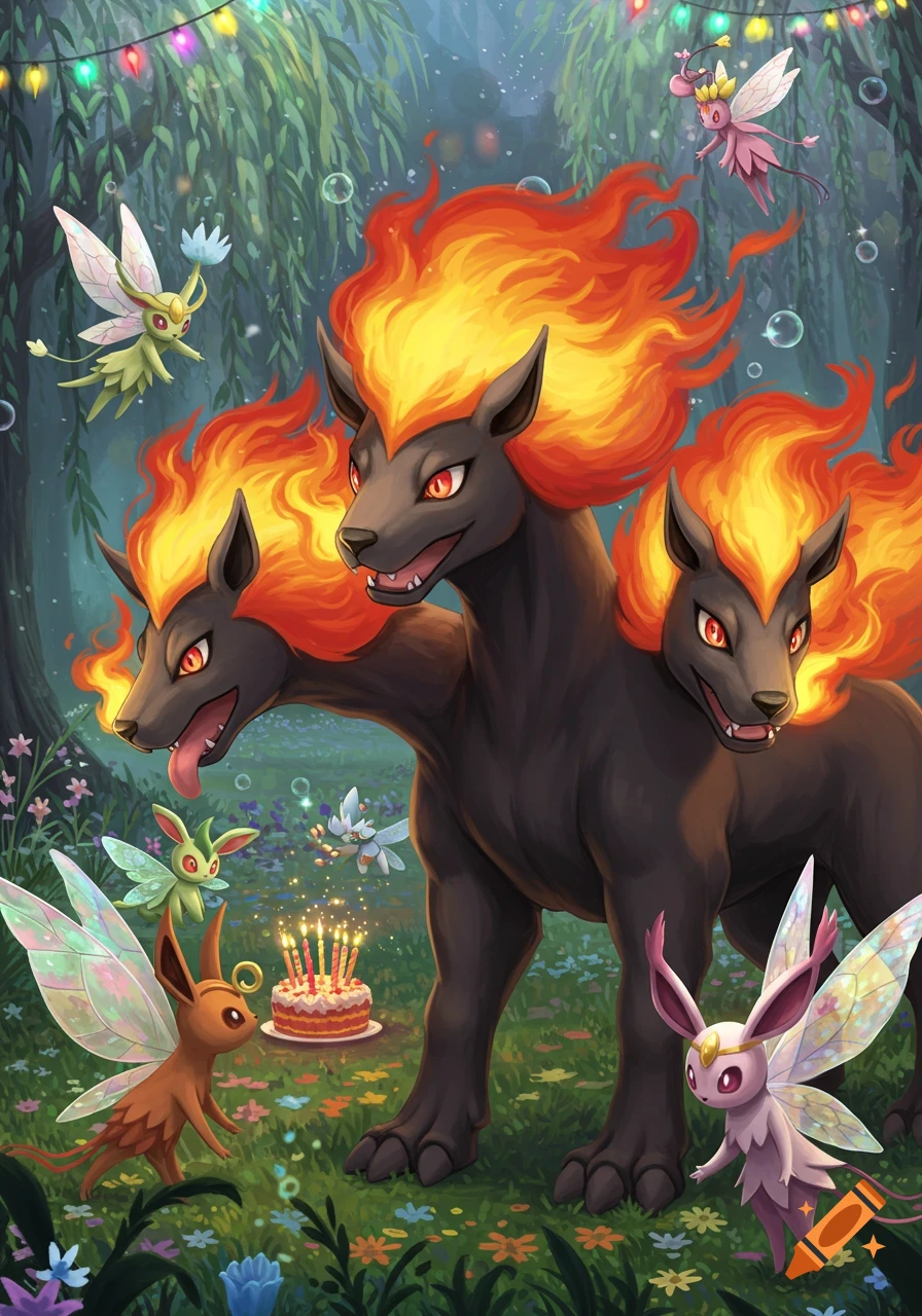A three-headed fiery black dog Pokemon-like creature celebrates a birthday with fairy Pokemon in a magical forest.