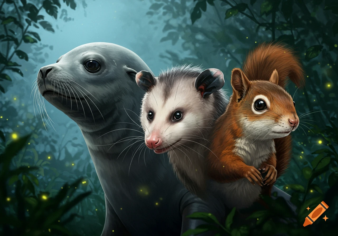 Close-up illustration of a seal, an opossum, and a squirrel together in a dark forest with glowing fireflies.