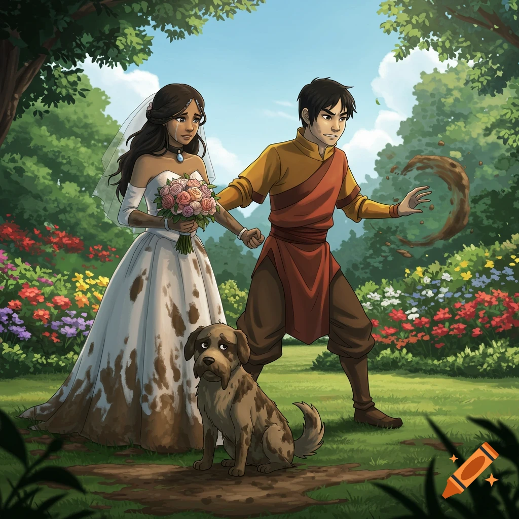 Cartoon style image of a tearful bride in a muddy dress, a man with his hand raised, and a muddy dog in a colorful garden.