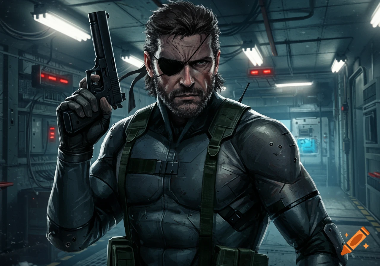 A rugged man with a beard and eye patch, wearing tactical gear, holds a pistol in a futuristic corridor.