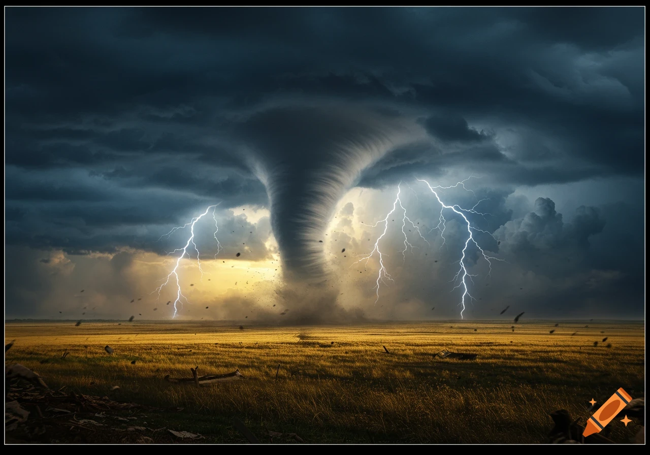 A powerful tornado rips through a golden field under a dark, stormy sky with lightning.