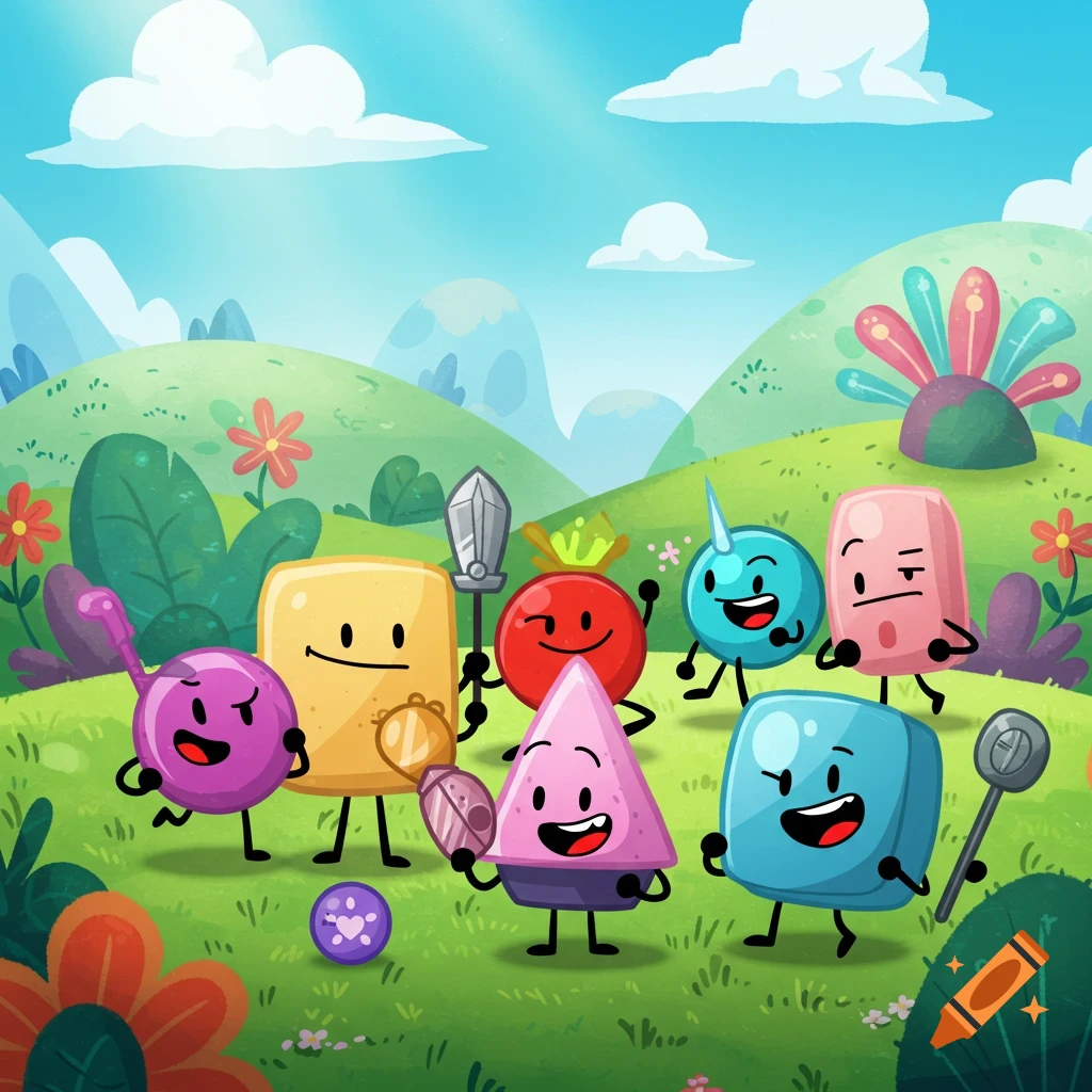 A vibrant cartoon scene of smiling anthropomorphic objects like a square, tomato, and triangle on a grassy hill with flowers.