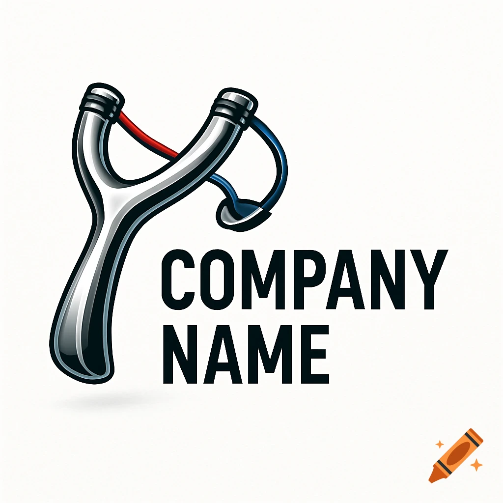 A stylized silver slingshot logo with red and blue bands, next to the black text "COMPANY NAME" on a white background.