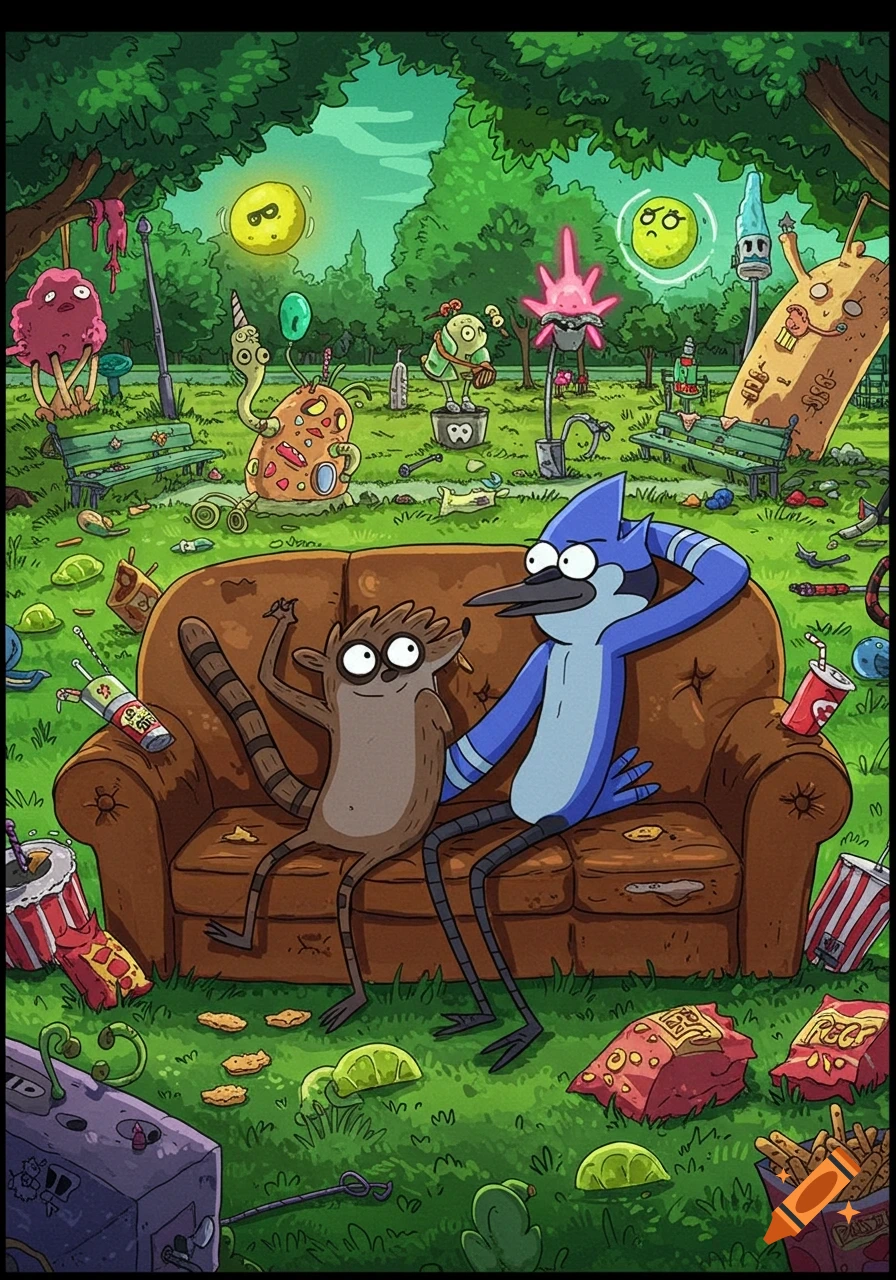 Cartoon characters Mordecai and Rigby relax on a brown couch in a messy, surreal park filled with strange creatures and trash.