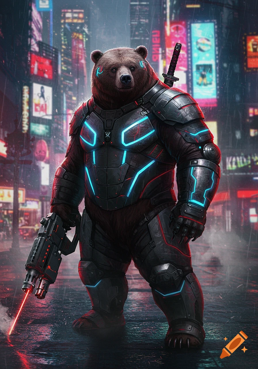 A brown bear in futuristic cyberpunk armor, holding a laser blaster, stands in a rainy neon-lit city at night.