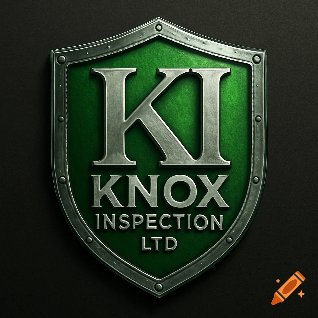 Green shield logo with silver 'KI Knox Inspection LTD' text and riveted metallic border.