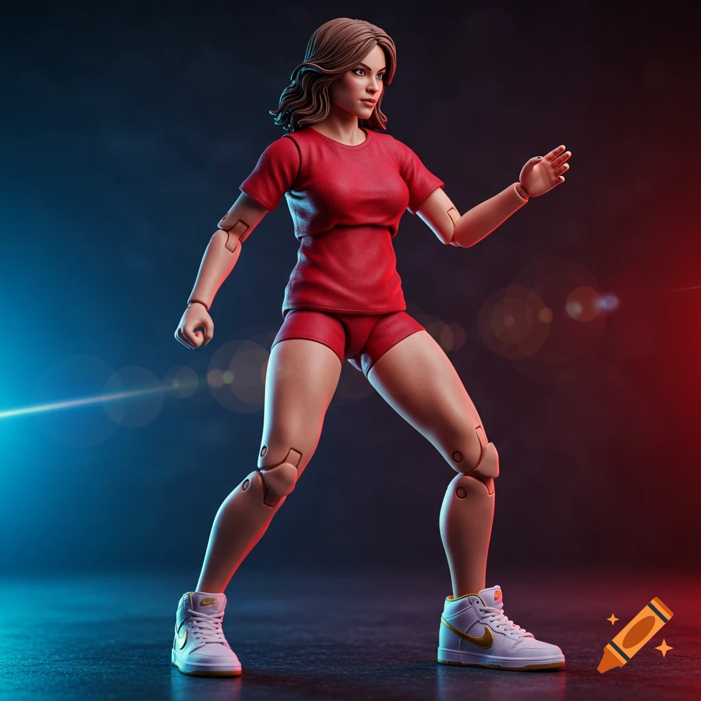 Photorealistic action figure of a woman in red sportswear and white Nike sneakers, posing dynamically.