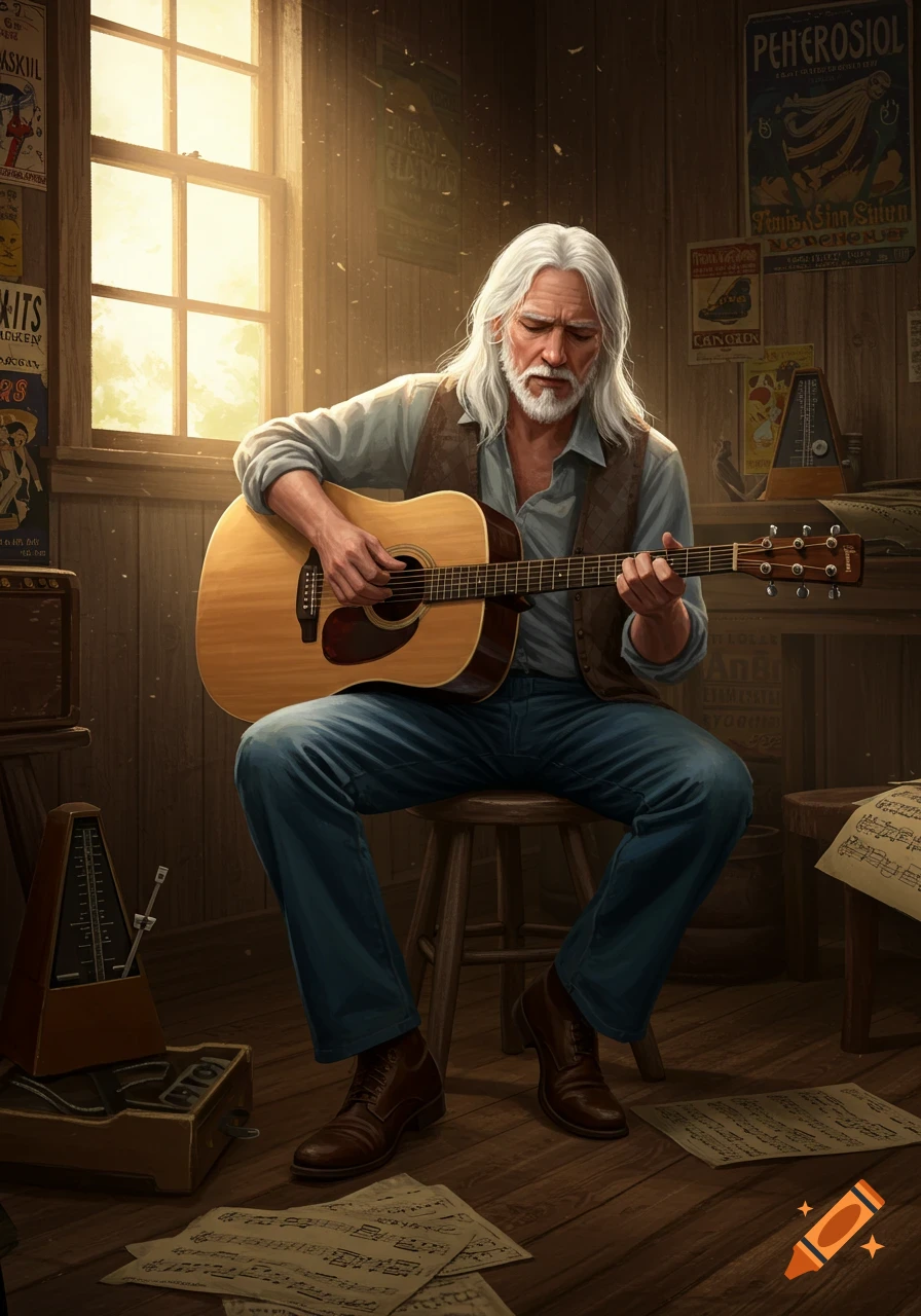 A photorealistic painting of an old man with long white hair and a beard, sitting on a stool and playing an acoustic guitar in a rustic room with posters.