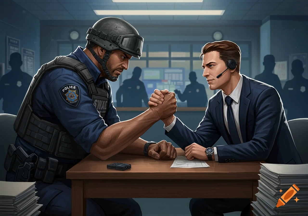 A heavily armored SWAT officer arm wrestles a police negotiator in a suit at a table in an office.