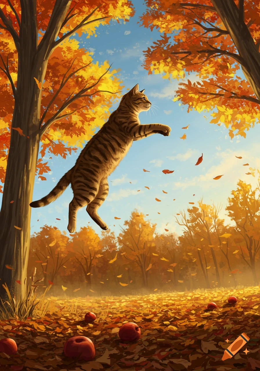 A striped tabby cat jumps in mid-air amidst a vibrant autumn forest with orange and yellow trees, falling leaves, and red apples on the ground.