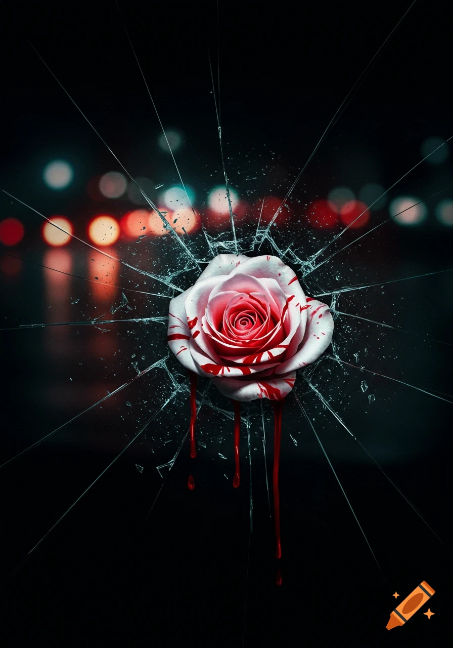 A white rose with crimson streaks bleeds onto shattered glass, against a dark, blurred background of bokeh lights.
