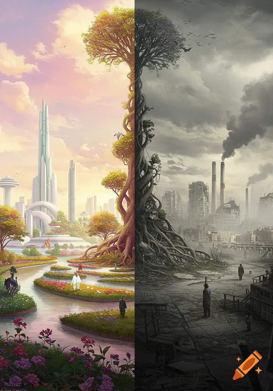 A vertical split image contrasting a vibrant, futuristic utopia on the left with a dark, polluted dystopia on the right, divided by a large tree.