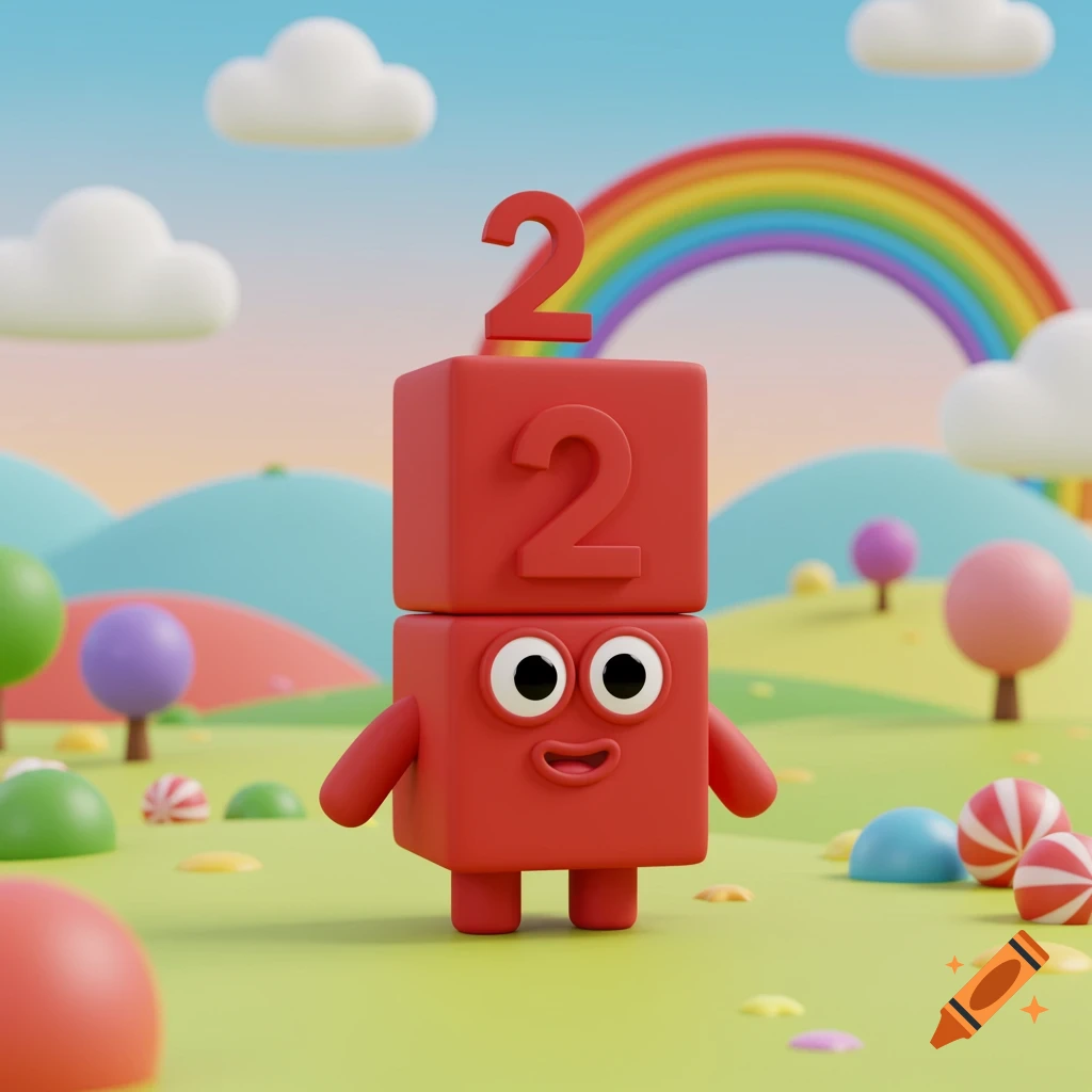 A cheerful red block character with number '2's, set in a whimsical 3D landscape with a rainbow.