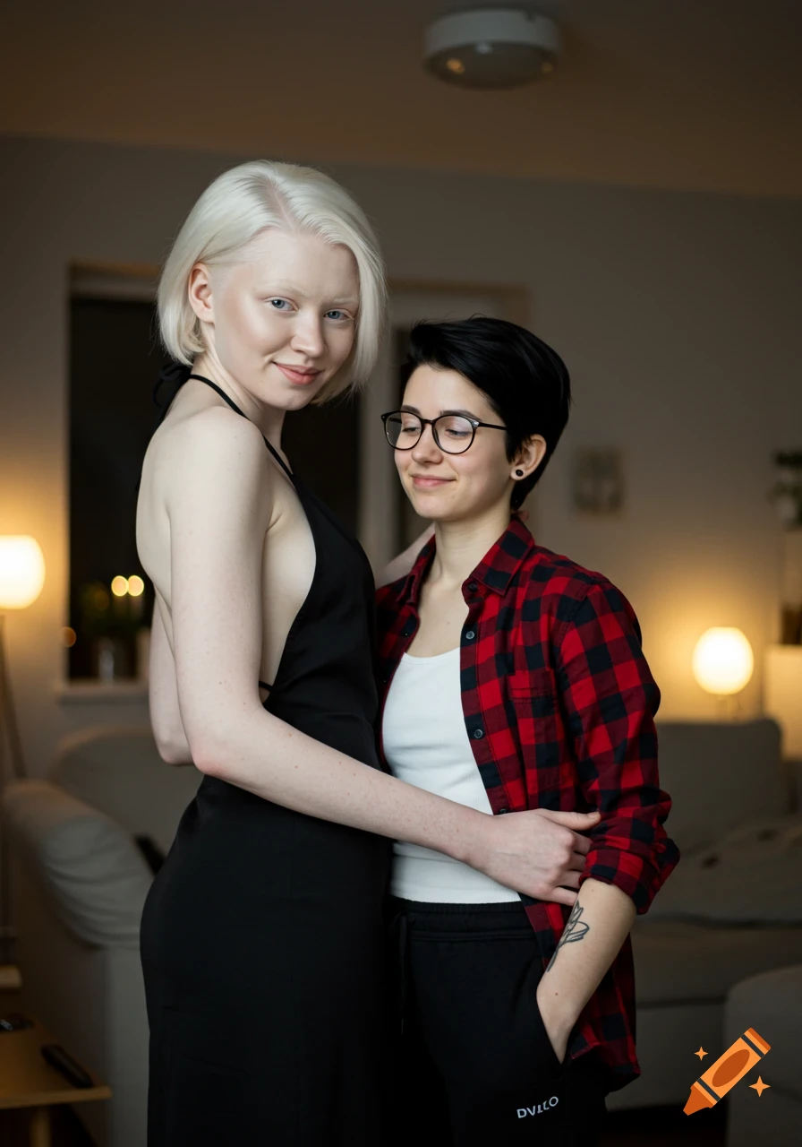 A smiling albino woman in a black backless dress embraces her girlfriend with short black hair and glasses, wearing a red plaid shirt, in their home.