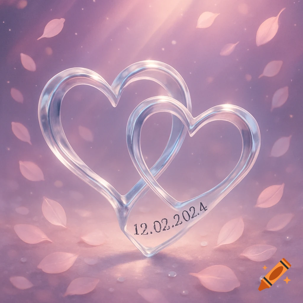 Two intertwined glass hearts with the date 12.02.2024 inscribed, set on a soft purple-pink background with falling petals.