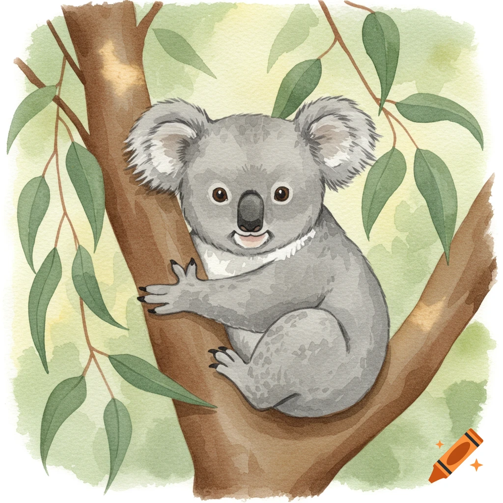A charming watercolor illustration of a fluffy grey koala hugging a brown tree branch, surrounded by green eucalyptus leaves.