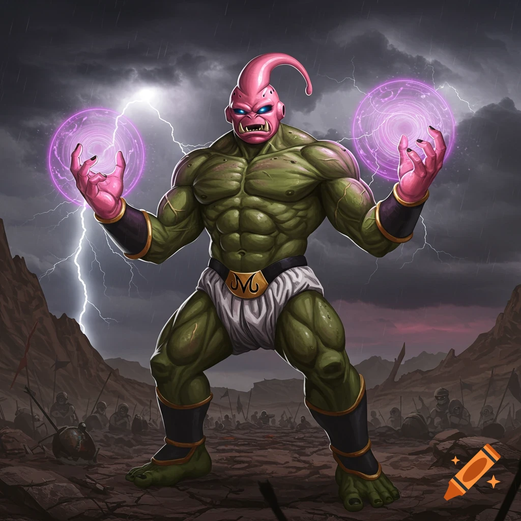 Muscular green-skinned Majin Buu-orc hybrid conjuring purple energy amidst lightning on a storm-struck battlefield.
