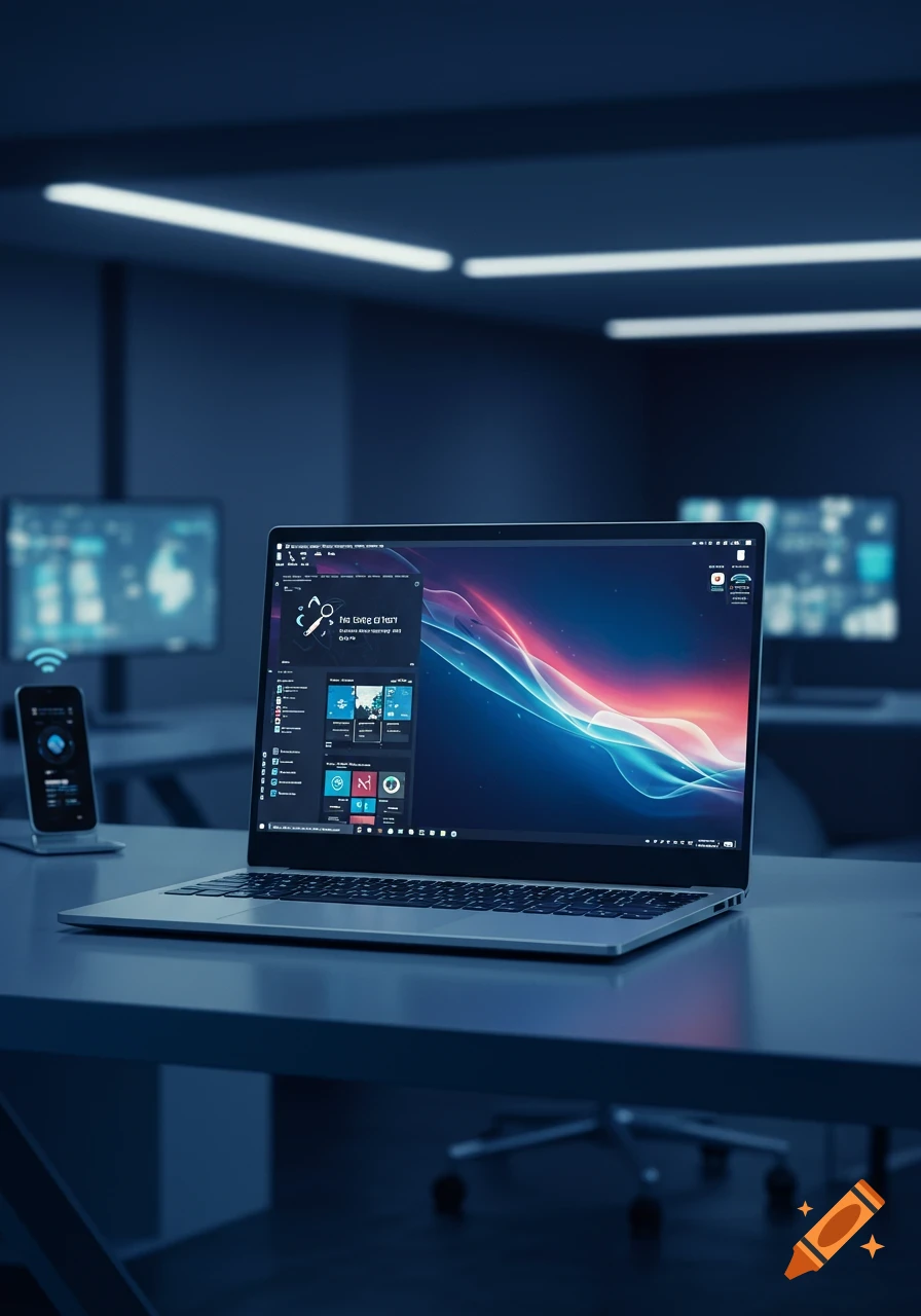 A photorealistic image of a silver laptop and a smartphone on a desk in a dimly lit modern office.