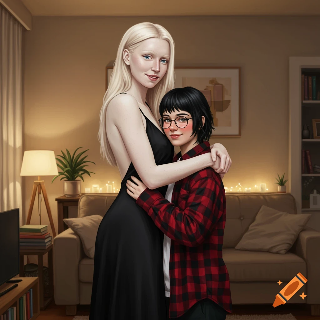 Tall blonde woman in black dress hugs her shorter girlfriend in a red plaid shirt, both smiling in a warm living room.