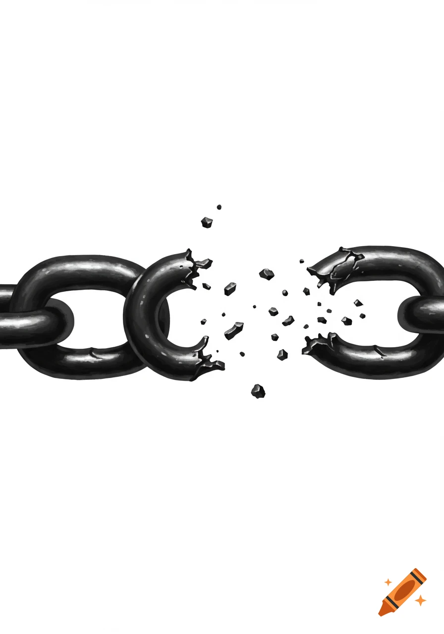 A close-up illustration of a black metal chain with one link broken into fragments, against a white background.