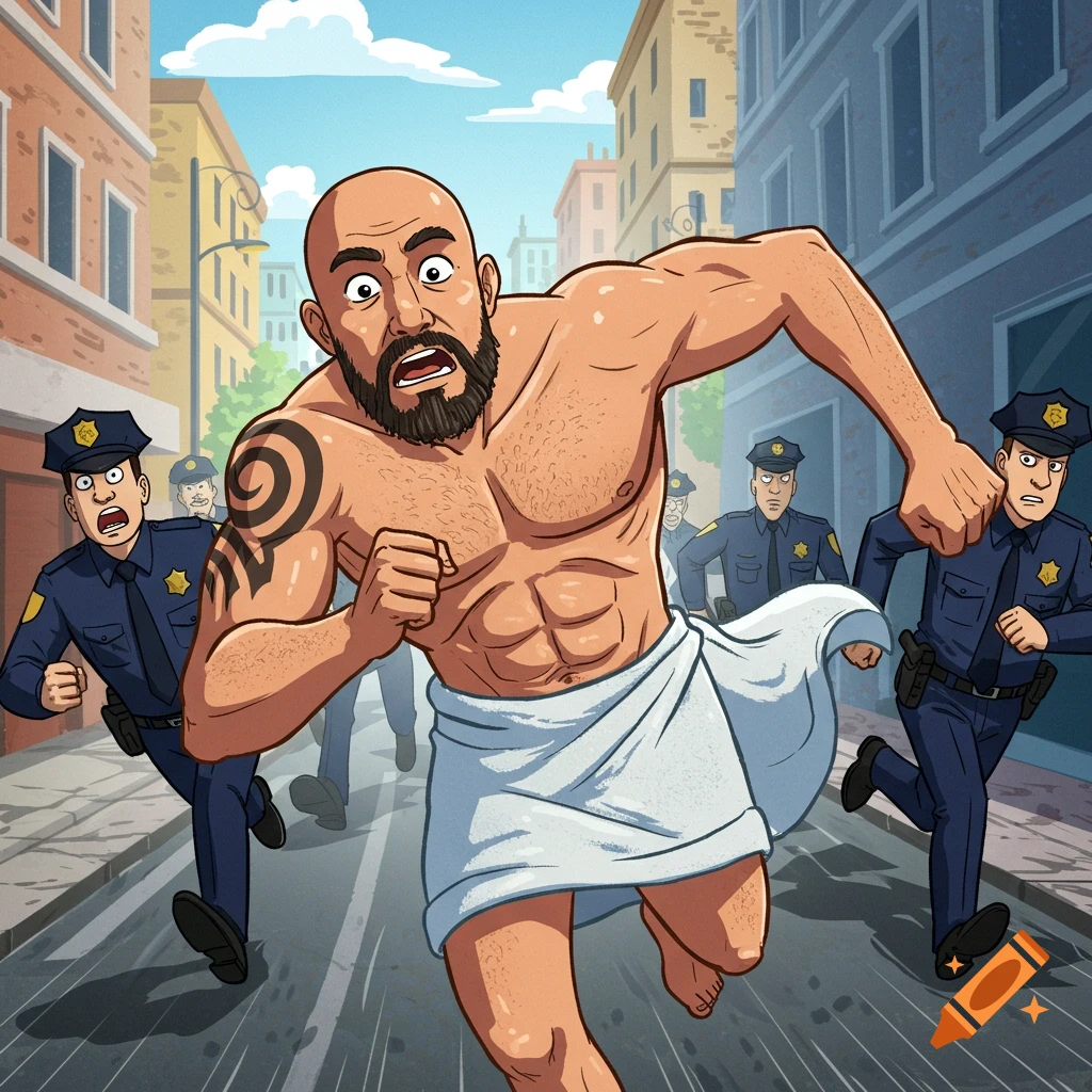 A cartoon of a muscular, bald, bearded man in a towel running down a city street, being chased by police officers.