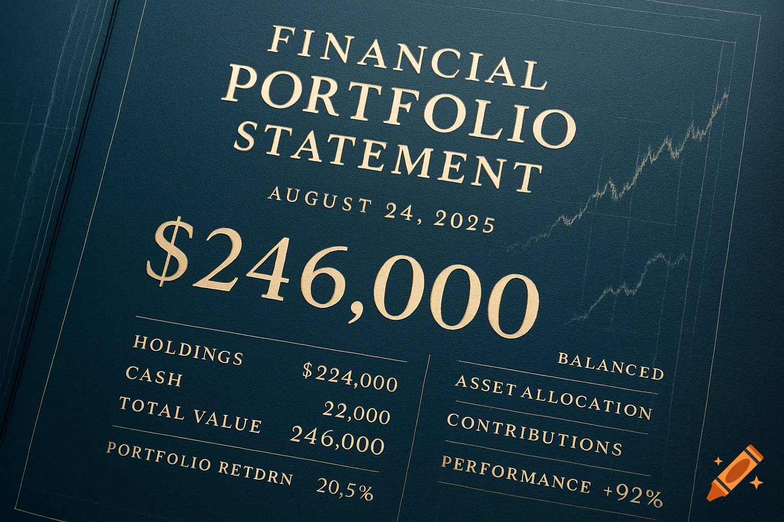 A close-up of a financial portfolio statement on a dark blue background with gold text. It shows a balance of $246,000 as of August 24, 2025.