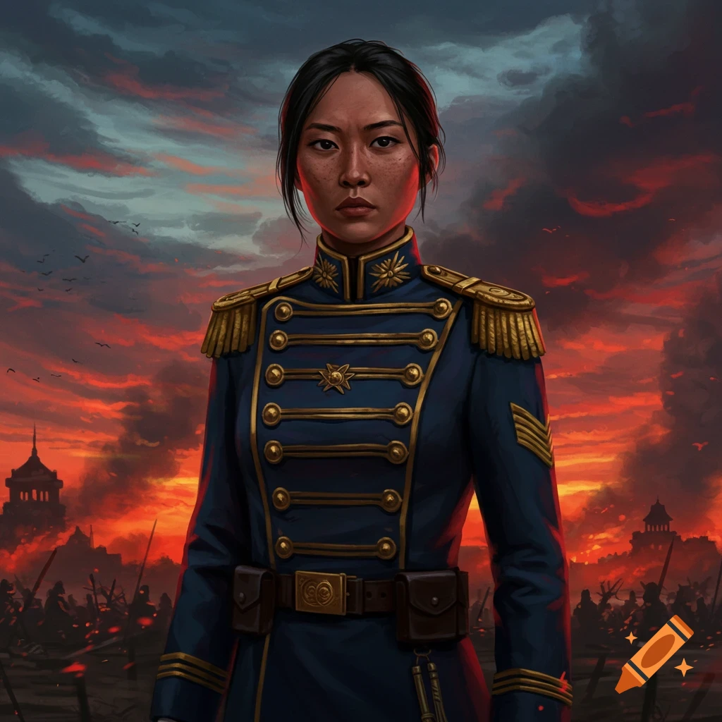 A serious Asian woman in a blue and gold military uniform stands before a fiery red and orange sky and a distant battle scene.