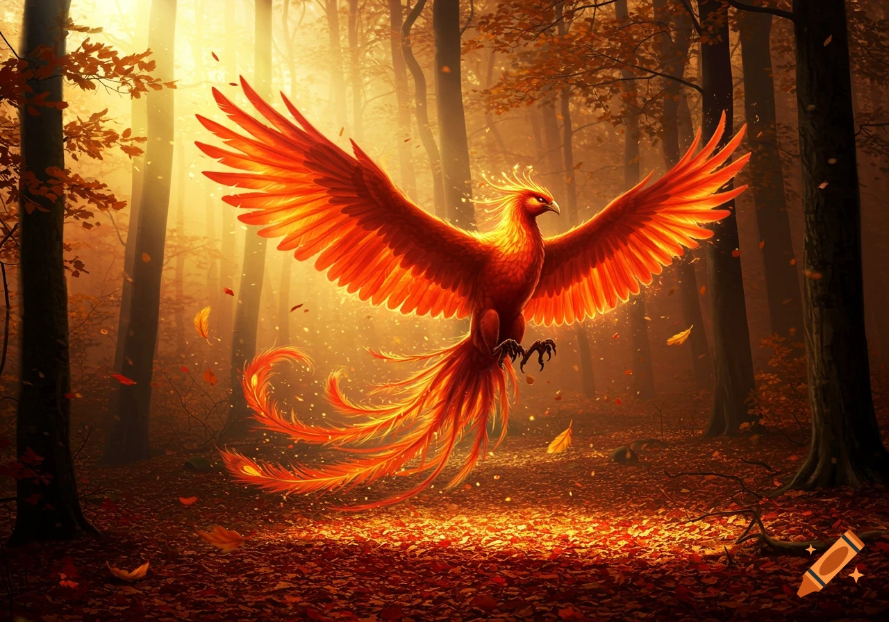 A majestic red and orange phoenix with glowing wings flies through a sunlit autumn forest with fallen leaves.