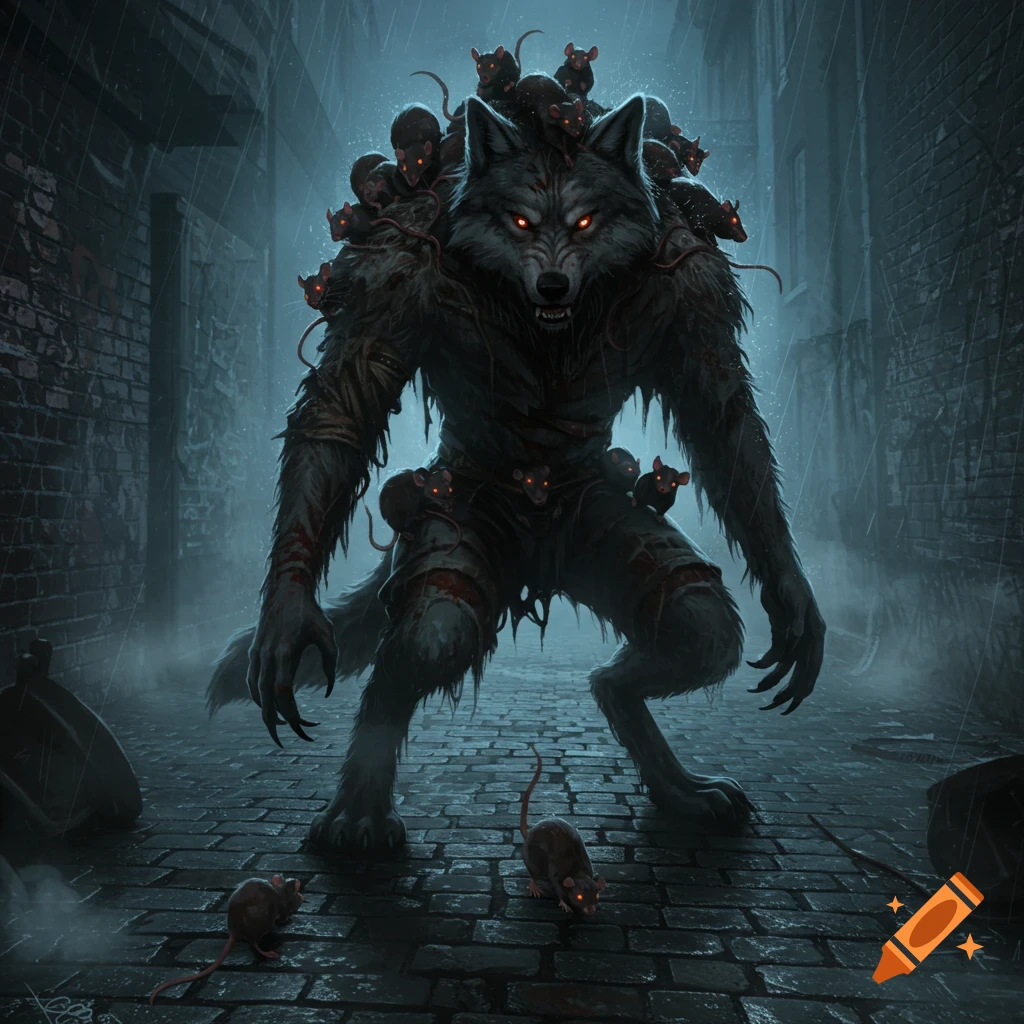 A monstrous wolf-like creature covered in rats stands in a dark, rainy alley, its eyes glowing red.